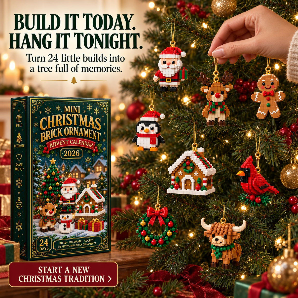 ⏳ Last Day 49% OFF – 🎄24-Day Mini Christmas Brick Ornament Advent Calendar | 24 Unique Buildable Holiday Designs with Hanging Loops for Trees, Garlands & Festive Displays 🧱