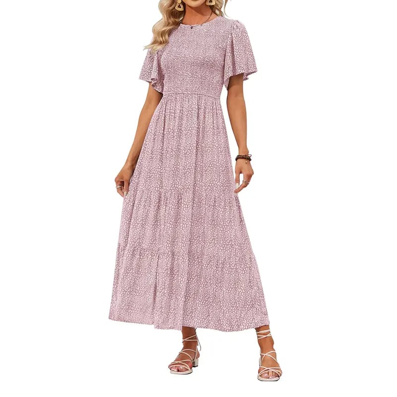 Women's 2026 Summer Casual Floral Print Short Flutter Sleeve Crew Neck Smocked High Waist Flowy Maxi Dress