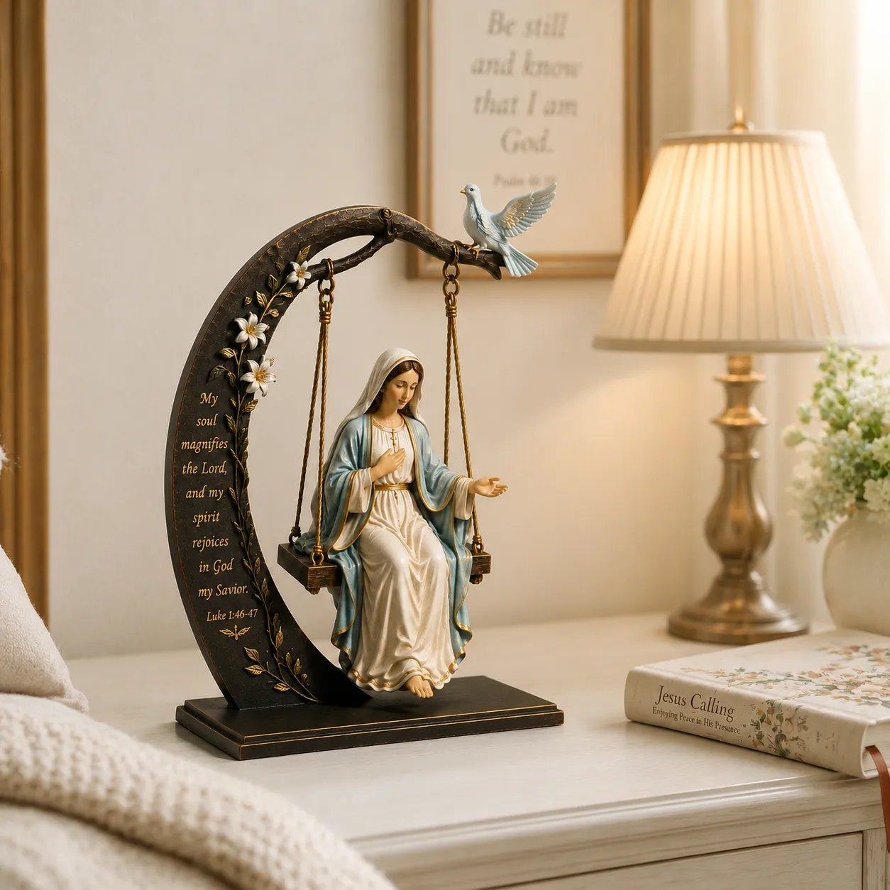 🔥Last Day Promotion! ✝️ Blessed Mary Cradle Swing Ornament – Luke 1:46–47 Faith Table Decor | Holy Virgin Prayer Sculpture with Dove & Crescent Arch Home Decoration