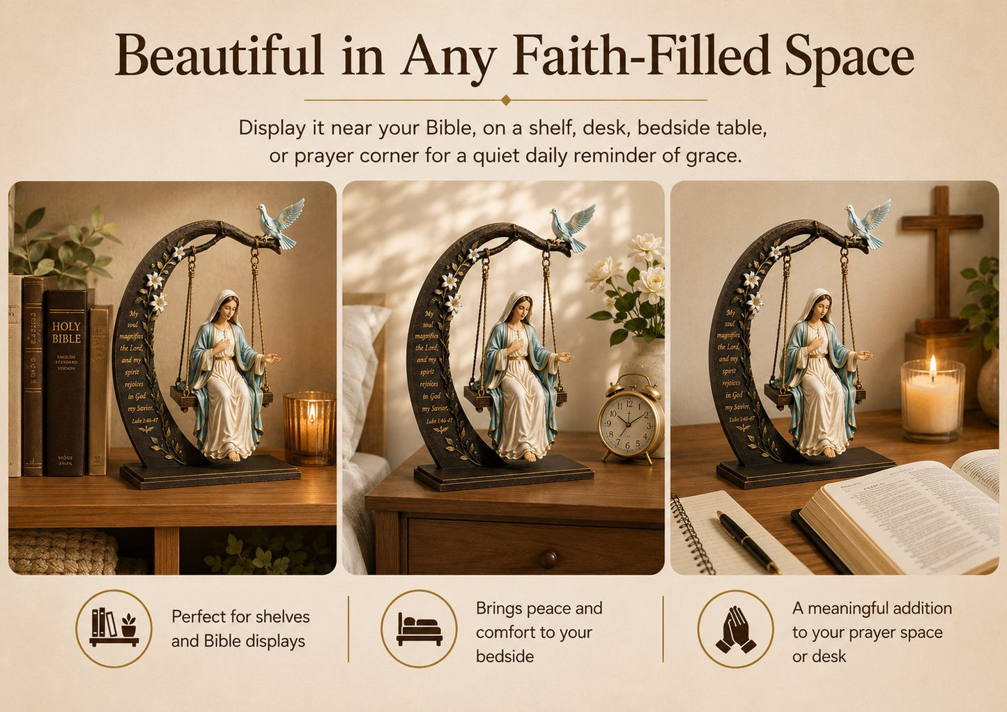 🔥Last Day Promotion! ✝️ Blessed Mary Cradle Swing Ornament – Luke 1:46–47 Faith Table Decor | Holy Virgin Prayer Sculpture with Dove & Crescent Arch Home Decoration