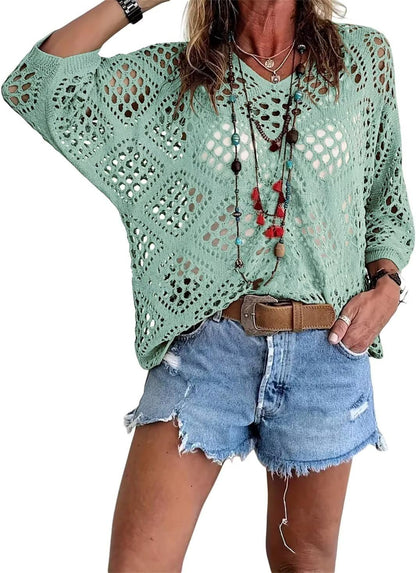 Handmade Crochet V‐Neck Boho Top | Apricot Summer Essential