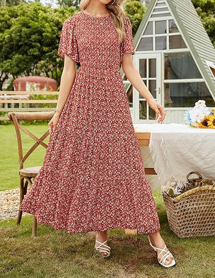 Women's 2026 Summer Casual Floral Print Short Flutter Sleeve Crew Neck Smocked High Waist Flowy Maxi Dress