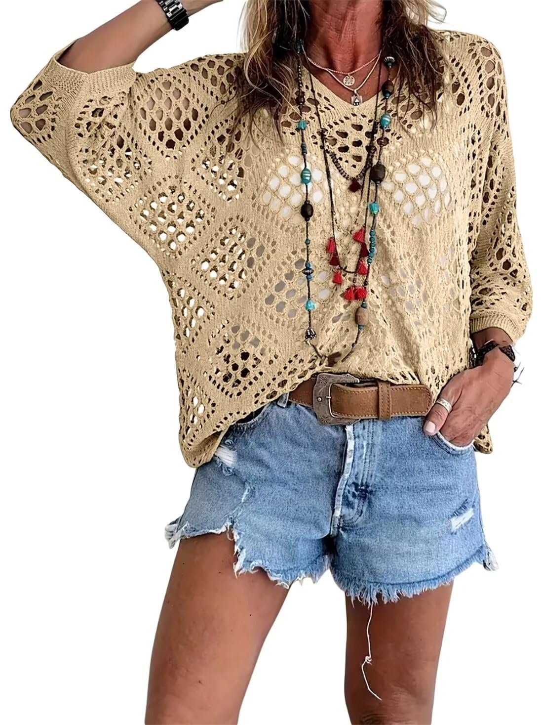 Handmade Crochet V‐Neck Boho Top | Apricot Summer Essential