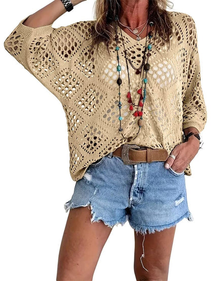 Handmade Crochet V‐Neck Boho Top | Apricot Summer Essential