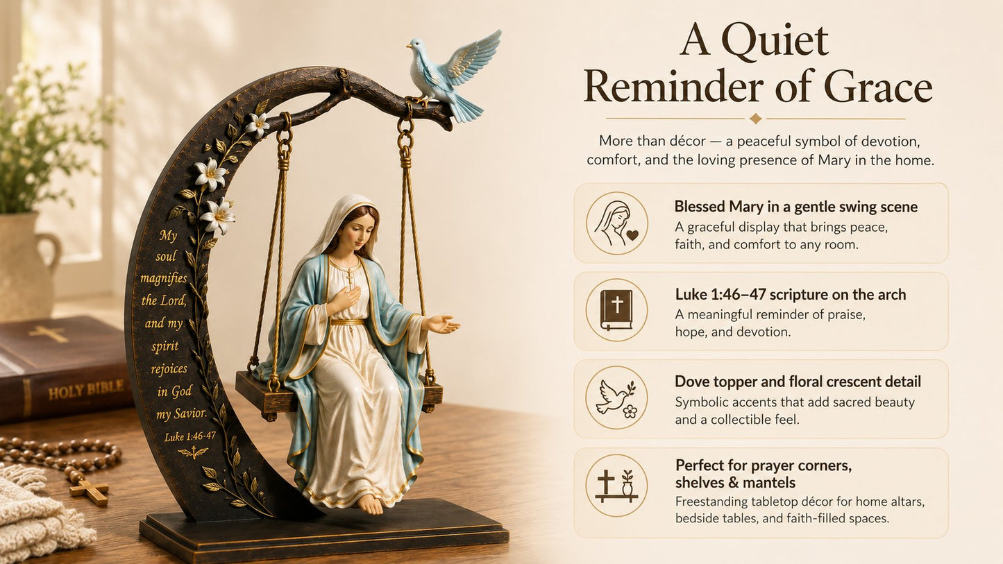 🔥Last Day Promotion! ✝️ Blessed Mary Cradle Swing Ornament – Luke 1:46–47 Faith Table Decor | Holy Virgin Prayer Sculpture with Dove & Crescent Arch Home Decoration
