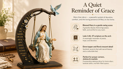 🔥Last Day Promotion! ✝️ Blessed Mary Cradle Swing Ornament – Luke 1:46–47 Faith Table Decor | Holy Virgin Prayer Sculpture with Dove & Crescent Arch Home Decoration