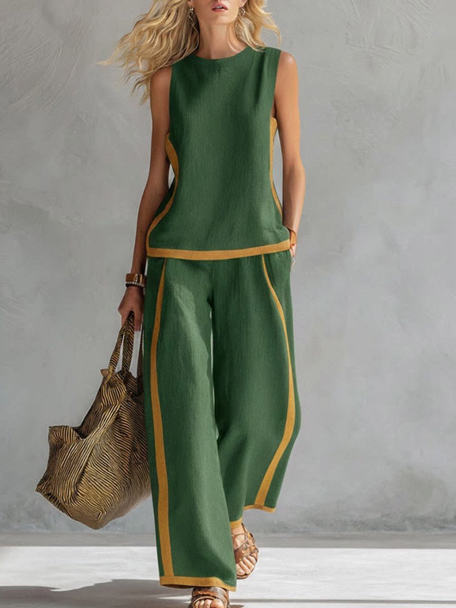 2026 Casual Two Piece Set for Women – Sleeveless Color Block Top & Wide Leg Pants| Color Block Comfort & Style ✨👚
