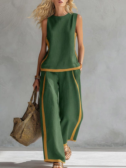 2026 Casual Two Piece Set for Women – Sleeveless Color Block Top & Wide Leg Pants| Color Block Comfort & Style ✨👚
