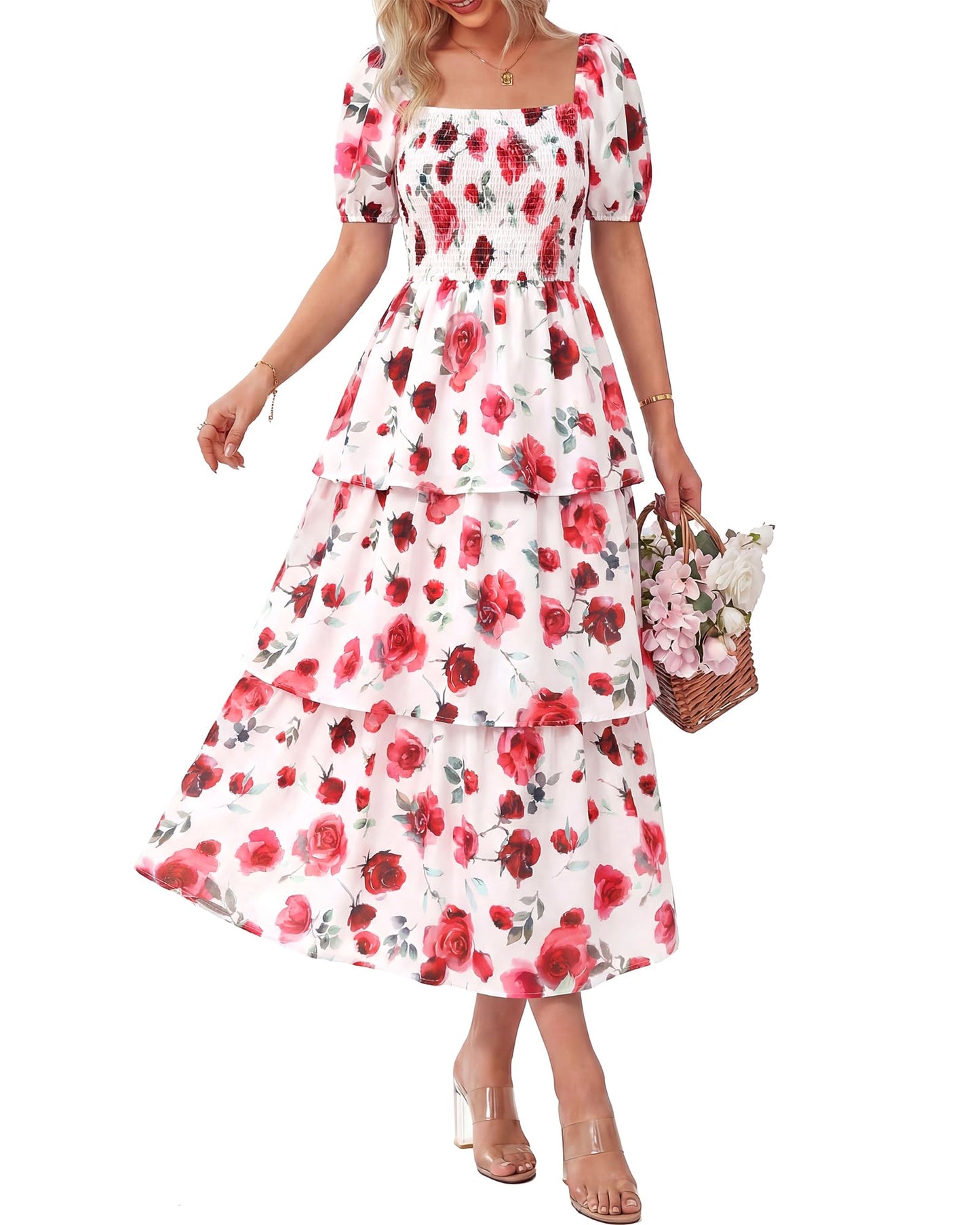 💃Women's Floral Square Neck Puff Short Sleeve Smocked Tiered Dress