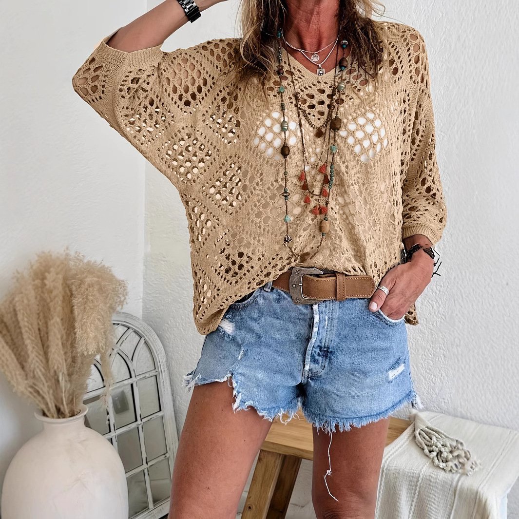Handmade Crochet V‐Neck Boho Top | Apricot Summer Essential