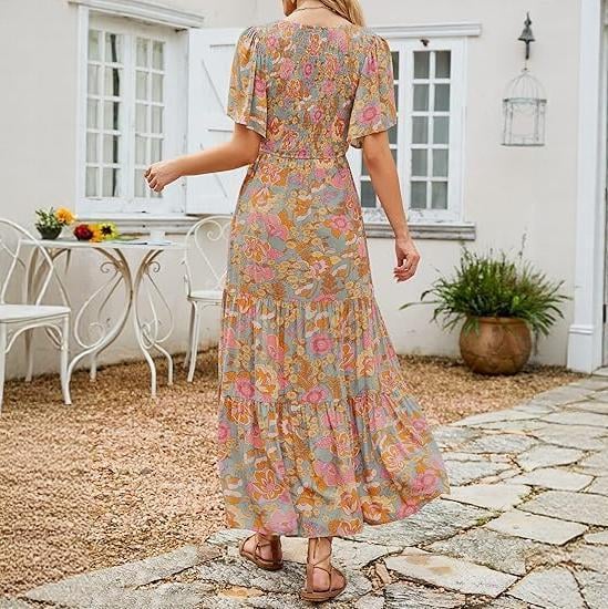 Women's 2026 Summer Casual Floral Print Short Flutter Sleeve Crew Neck Smocked High Waist Flowy Maxi Dress