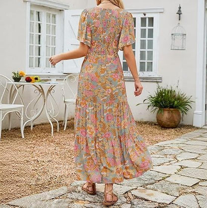 Women's 2026 Summer Casual Floral Print Short Flutter Sleeve Crew Neck Smocked High Waist Flowy Maxi Dress