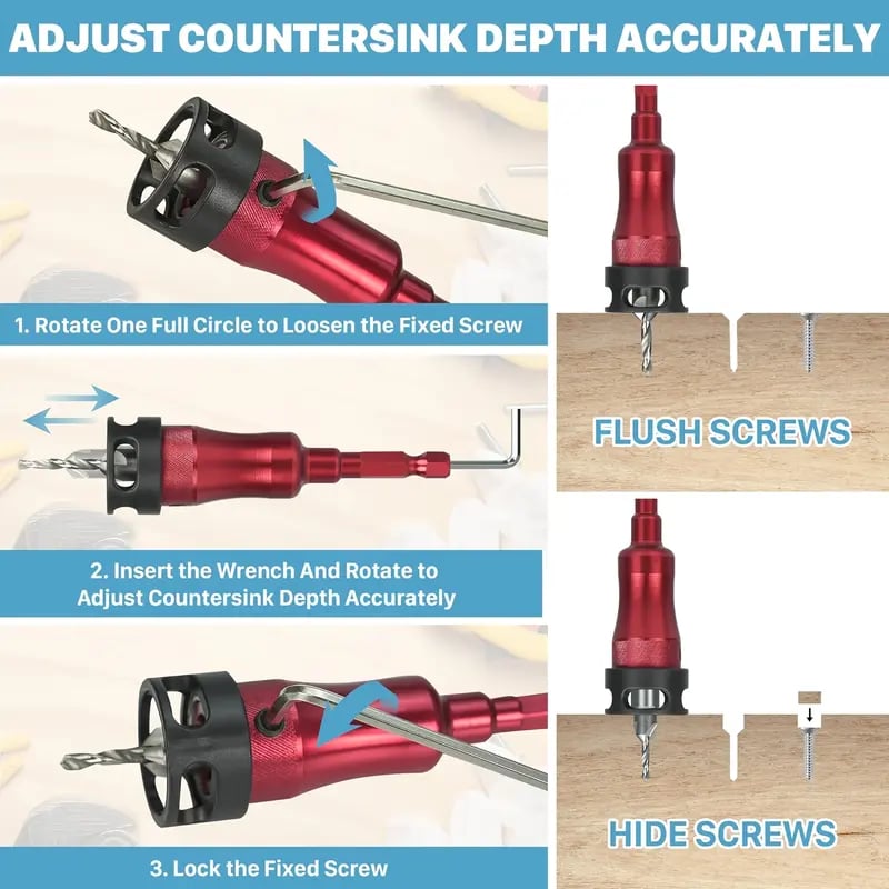 8pcs Countersink Drill Bit Set with Low-Friction Depth Stop, HSS M2 Tapered Drill Bits