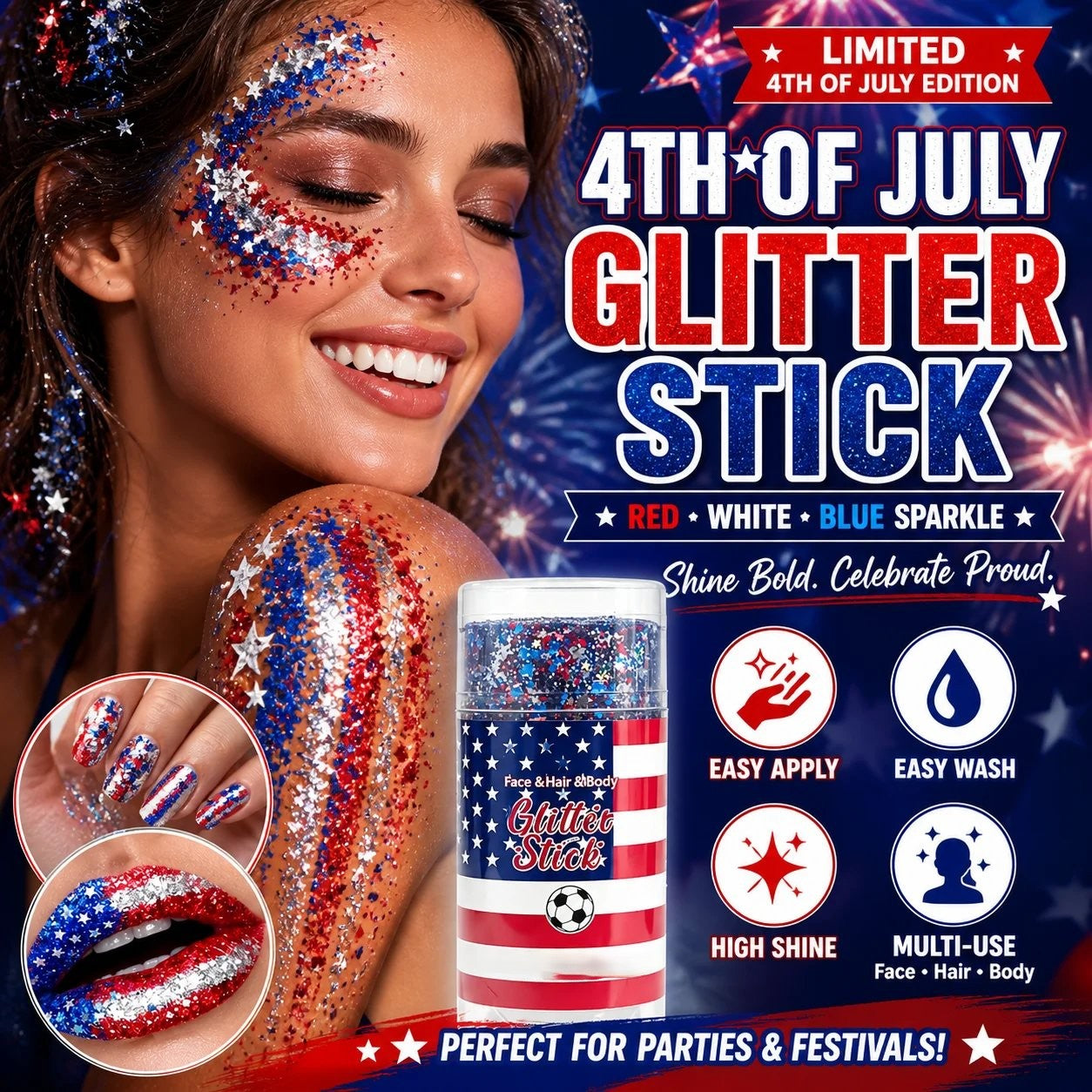 🔥🦅4th of July Glitter Stick✨🔔Red, White & Blue Body & Hair Sparkle