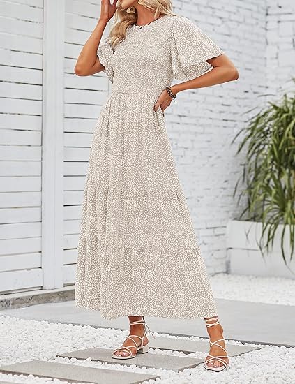 Women's 2026 Summer Casual Floral Print Short Flutter Sleeve Crew Neck Smocked High Waist Flowy Maxi Dress