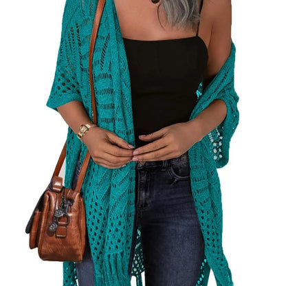 Womens Knit Cardigan Oversized Open Front Outwear New Spring & Summer Hollow Out Crochet Tassel Lightweight Kimonos Sweater Outdoorfun