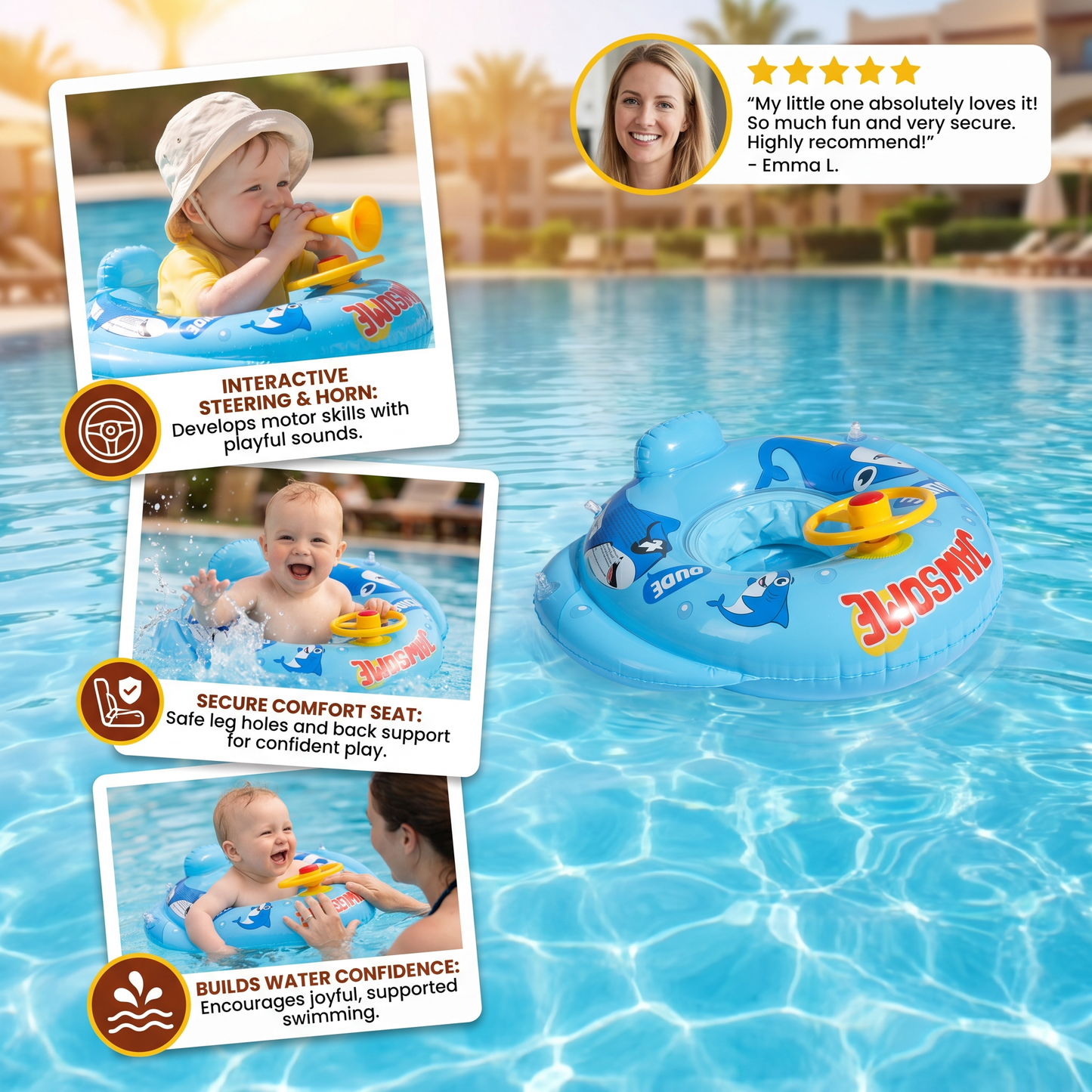 Baby Shark Pool Float with Steering Wheel for Toddlers