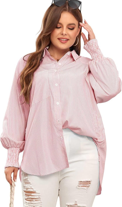 Mid-length smocked shirt with striped lapel and oversized drawdown sleeves