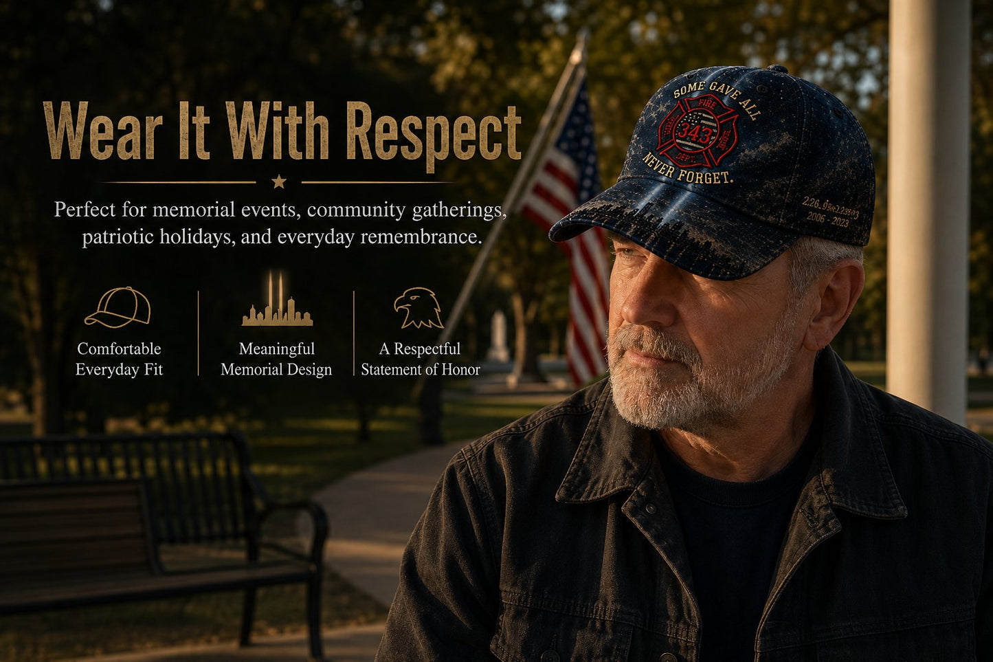 🔥Never Forget 343 Memorial Cap – Embroidered Tribute Design🧢(Breathable & Lightweight Comfort & Unisex Fit)