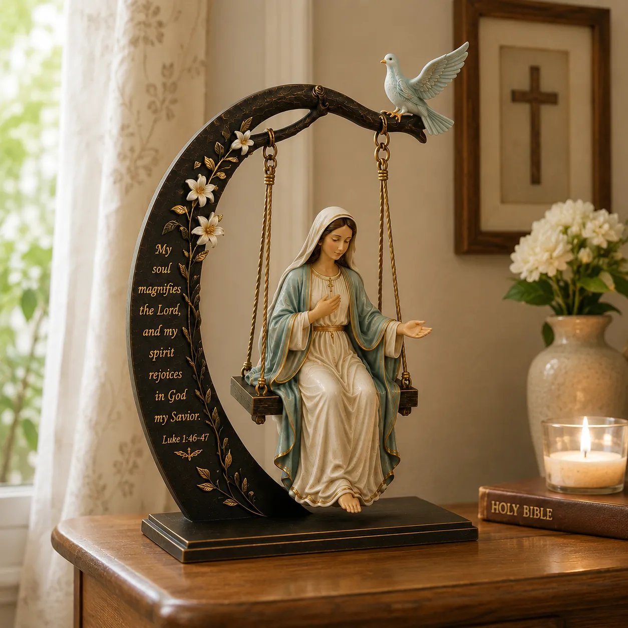 🔥Last Day Promotion! ✝️ Blessed Mary Cradle Swing Ornament – Luke 1:46–47 Faith Table Decor | Holy Virgin Prayer Sculpture with Dove & Crescent Arch Home Decoration