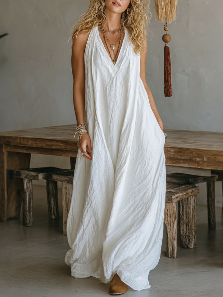 Casual Sleeveless Loose-Fitting V-Neck Long Dress for Ladies