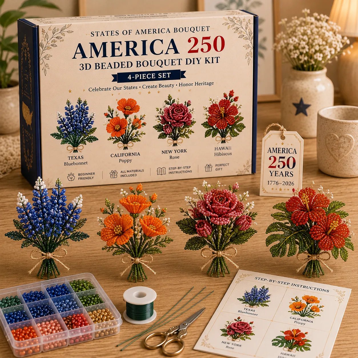 America 250 Beaded Bouquet DIY Kit – Patriotic Craft Collection