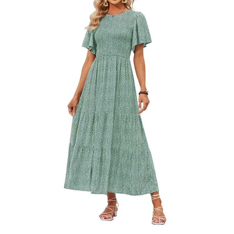 Women's 2026 Summer Casual Floral Print Short Flutter Sleeve Crew Neck Smocked High Waist Flowy Maxi Dress