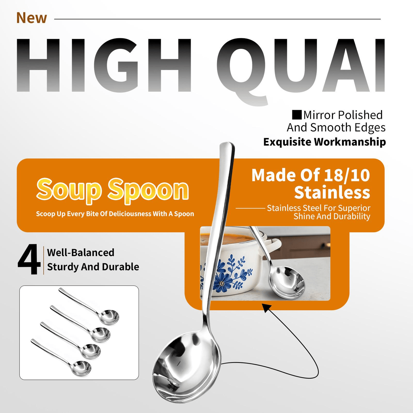 🍲 4/6 PCs Stainless Steel Soup Spoon Set