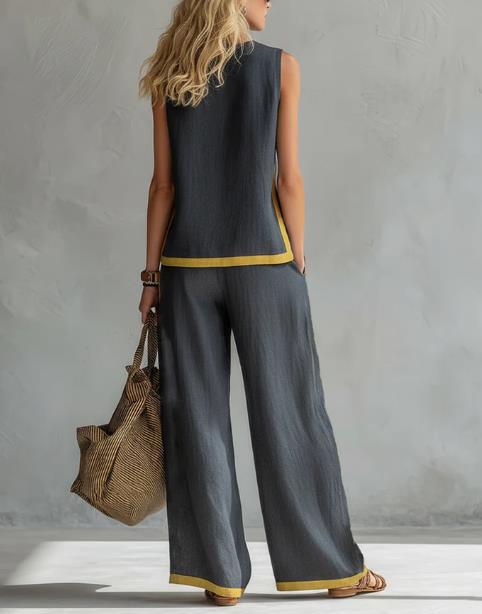 2026 Casual Two Piece Set for Women – Sleeveless Color Block Top & Wide Leg Pants| Color Block Comfort & Style ✨👚