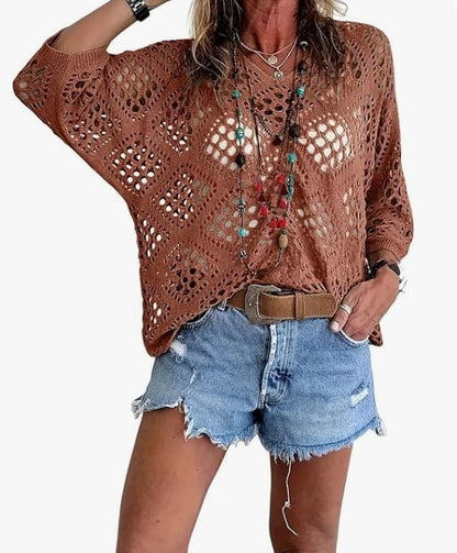 Handmade Crochet V‐Neck Boho Top | Apricot Summer Essential