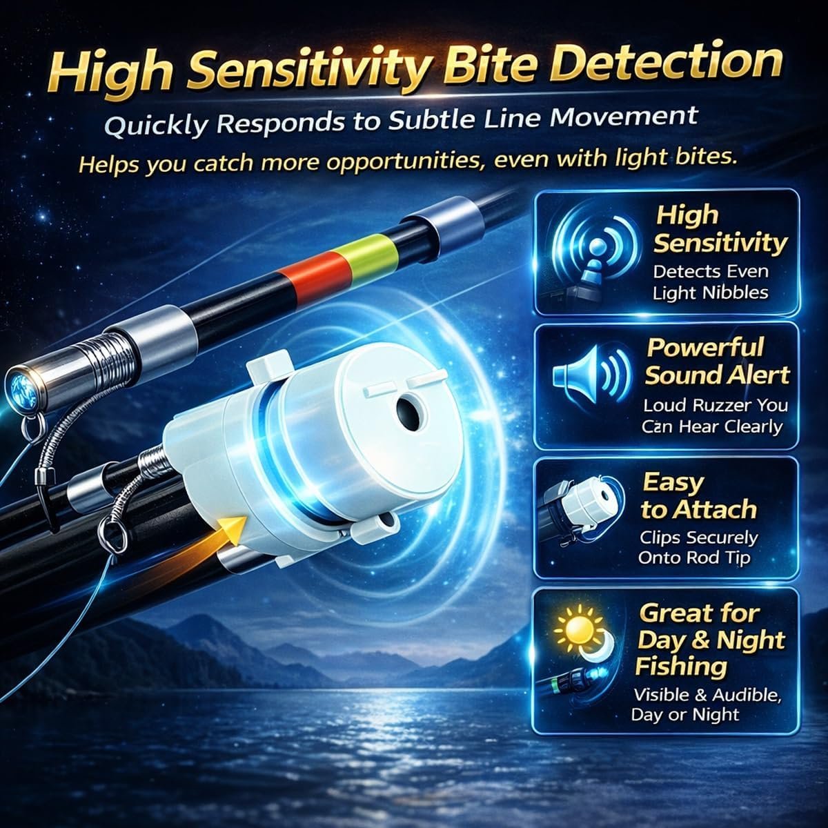 🎣 Smart LED Fishing Bite Alarm – High Sensitivity Intelligent Sensor – Day & Night Luminous Hook Alert ✨