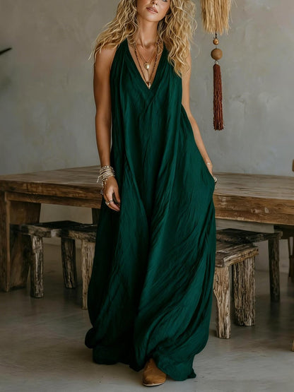 Casual Sleeveless Loose-Fitting V-Neck Long Dress for Ladies
