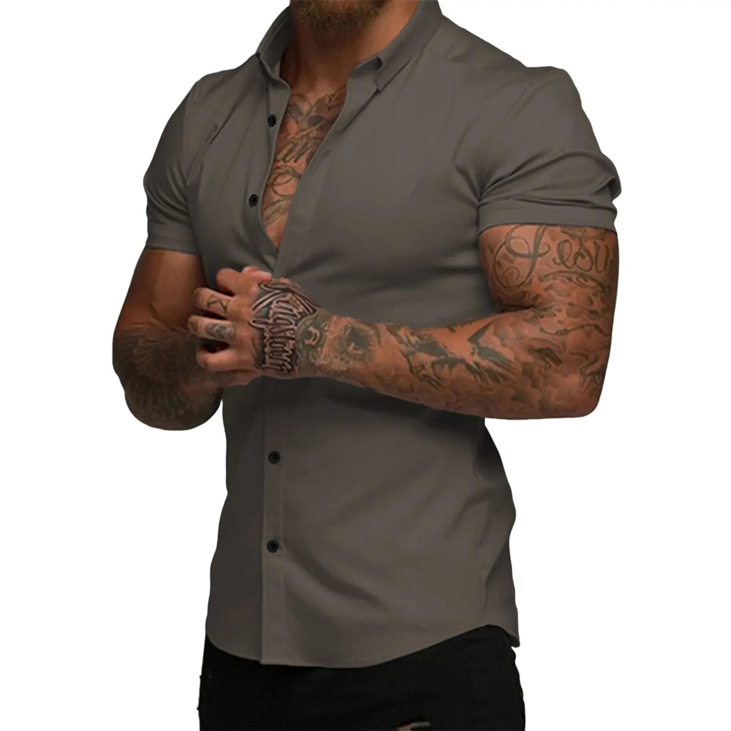 Mens Muscle Fit Dress Shirts Casual Button Down Shirt Short Sleeve Wrinkle-Free Shirts