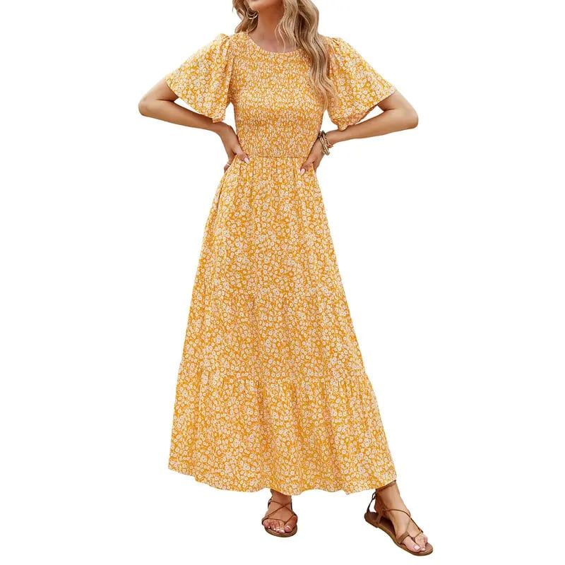 Women's 2026 Summer Casual Floral Print Short Flutter Sleeve Crew Neck Smocked High Waist Flowy Maxi Dress