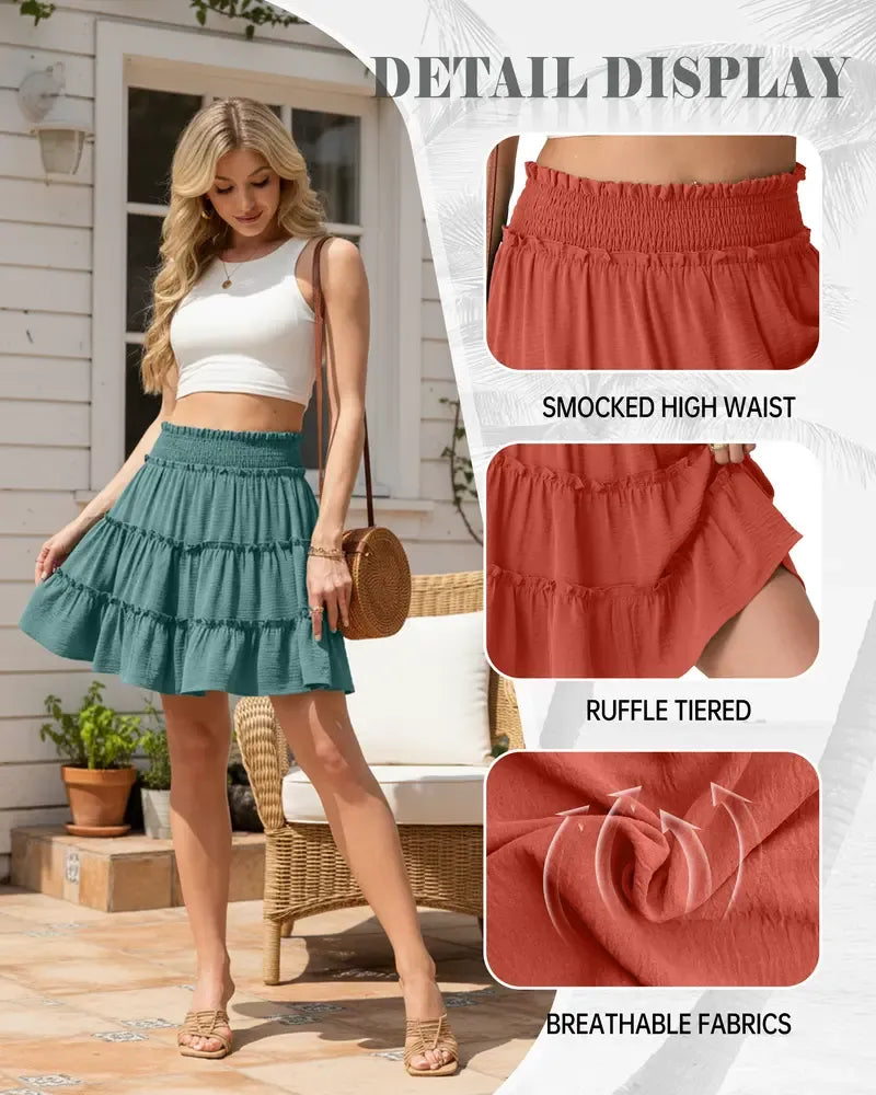 55K+ SOLD!✨🔥Women's Boho Floral Skorts, Flowy Tiered Ruffle Elastic-Waist Bottoms with Built-in Shorts and Pockets, Casual Style