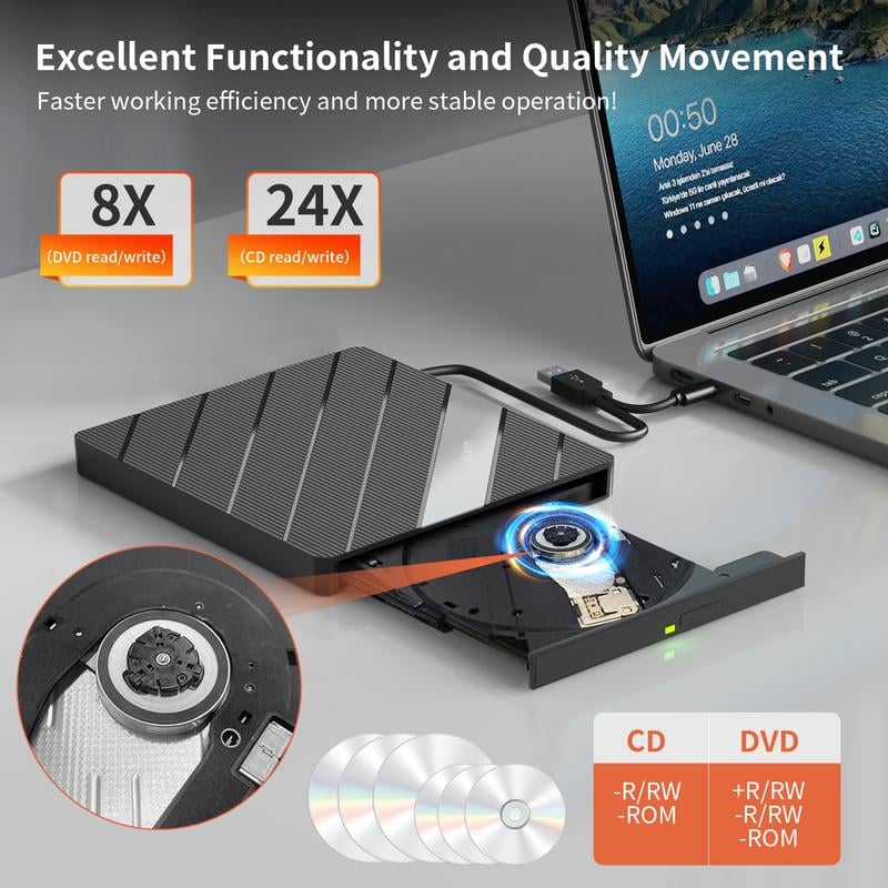 Laptop DVD Player USB C 3.0 Portable CD Burner with SD/TF Card Slot & 3 USB Ports Compatible with Mac, Windows, Linux