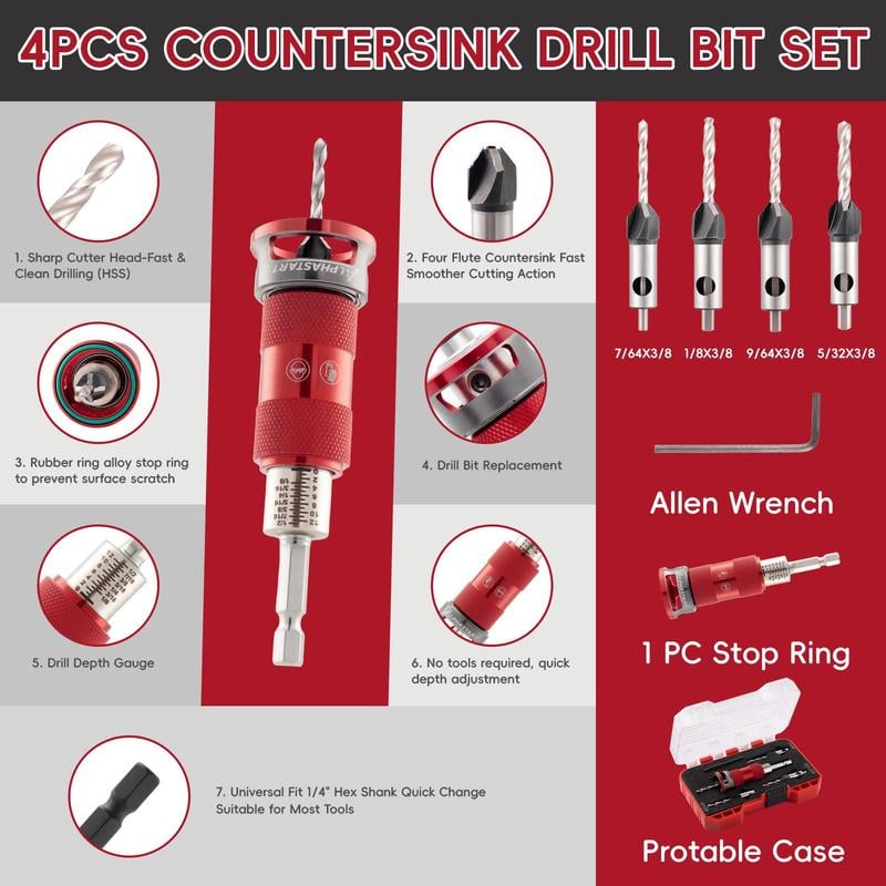 🔥Countersink Drill Bit Set with Depth Stop 4PCS, HCS Four Blades🛠️
