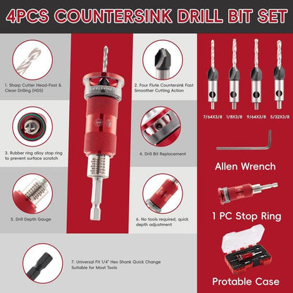 🔥Countersink Drill Bit Set with Depth Stop 4PCS, HCS Four Blades🛠️