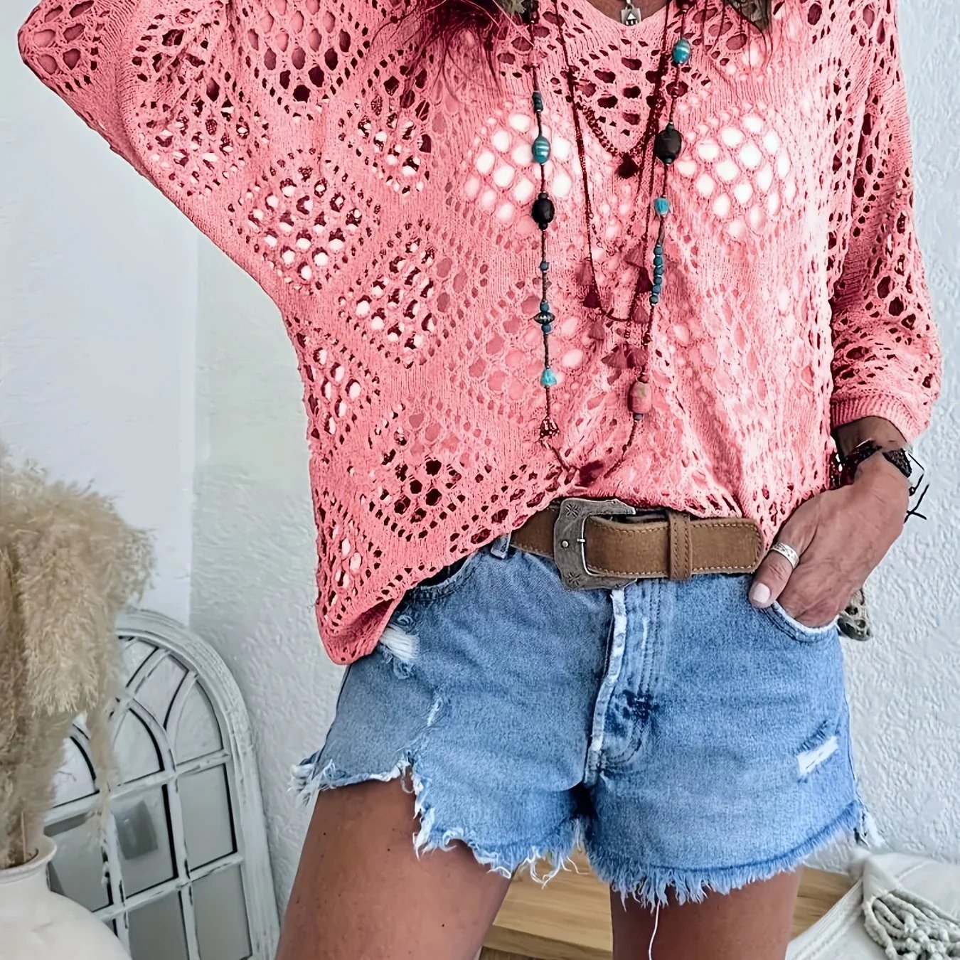Handmade Crochet V‐Neck Boho Top | Apricot Summer Essential