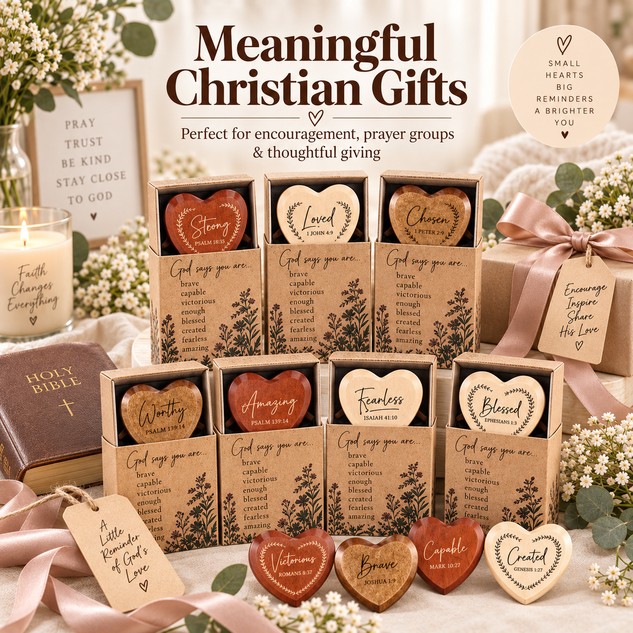 ✝️ God Says You Are – 24 Christian Wooden Heart Pocket Hug Gift Set