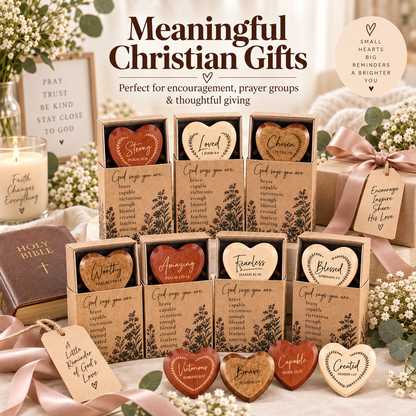 ✝️ God Says You Are – 24 Christian Wooden Heart Pocket Hug Gift Set