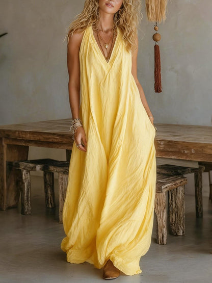 Casual Sleeveless Loose-Fitting V-Neck Long Dress for Ladies