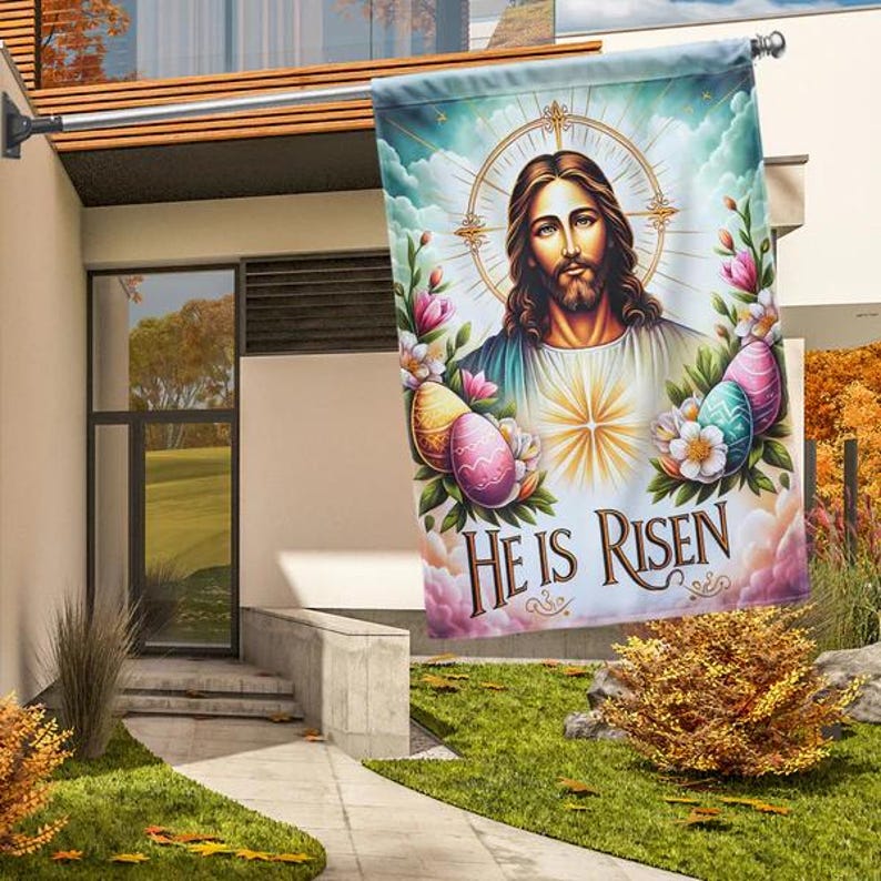 He Is Risen Jesus Garden Flag - Religious Savior Portrait Yard Banner