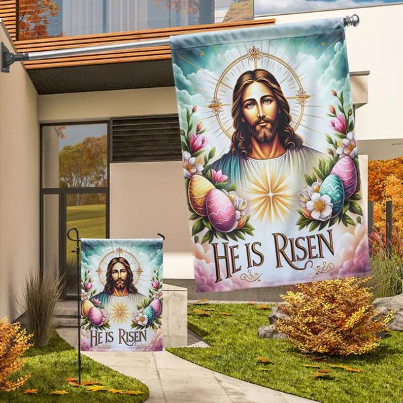 He Is Risen Jesus Garden Flag - Religious Savior Portrait Yard Banner