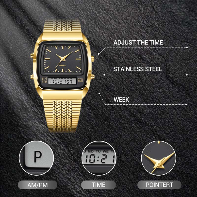 💥 Retro Style Square Face Multifunction Watch – Dual Display, Zinc Alloy, Stainless Steel ✨