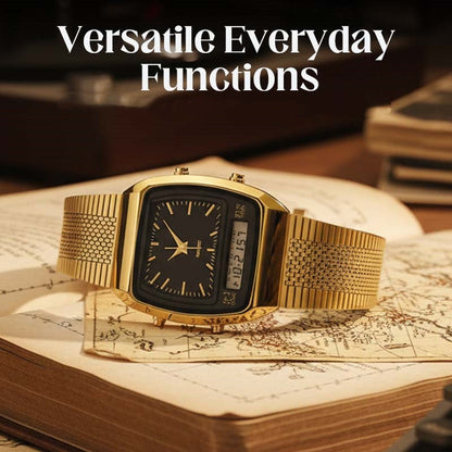 💥 Retro Style Square Face Multifunction Watch – Dual Display, Zinc Alloy, Stainless Steel ✨