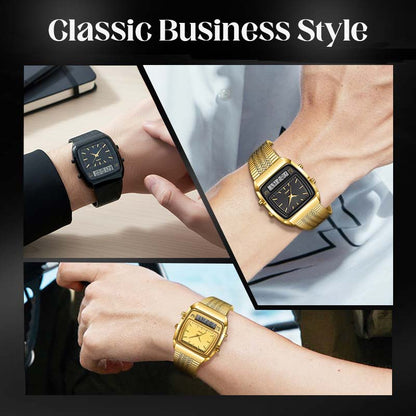 💥 Retro Style Square Face Multifunction Watch – Dual Display, Zinc Alloy, Stainless Steel ✨