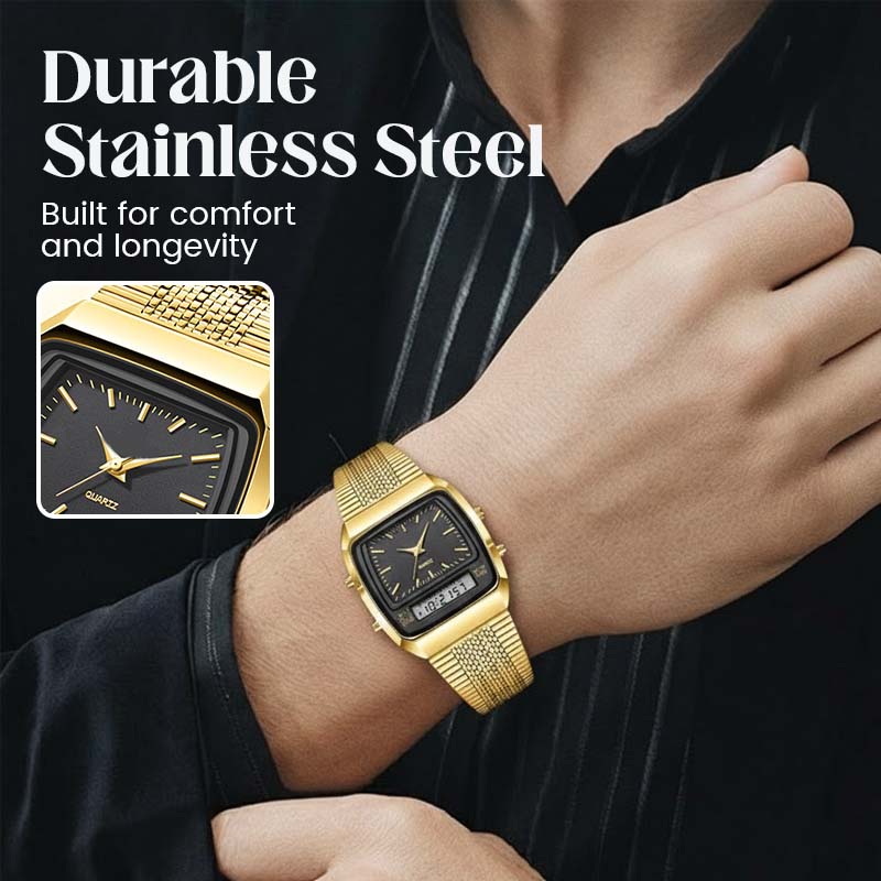💥 Retro Style Square Face Multifunction Watch – Dual Display, Zinc Alloy, Stainless Steel ✨