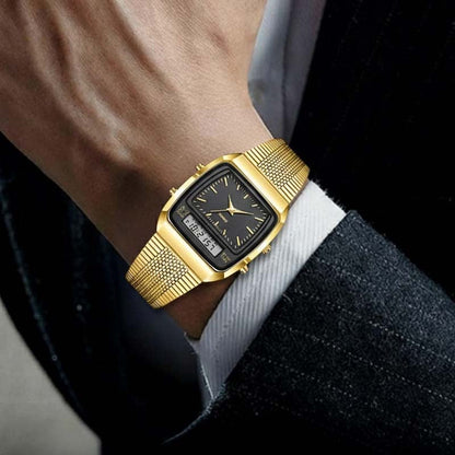 💥 Retro Style Square Face Multifunction Watch – Dual Display, Zinc Alloy, Stainless Steel ✨
