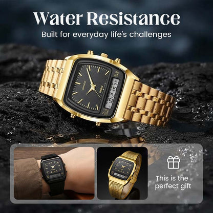💥 Retro Style Square Face Multifunction Watch – Dual Display, Zinc Alloy, Stainless Steel ✨